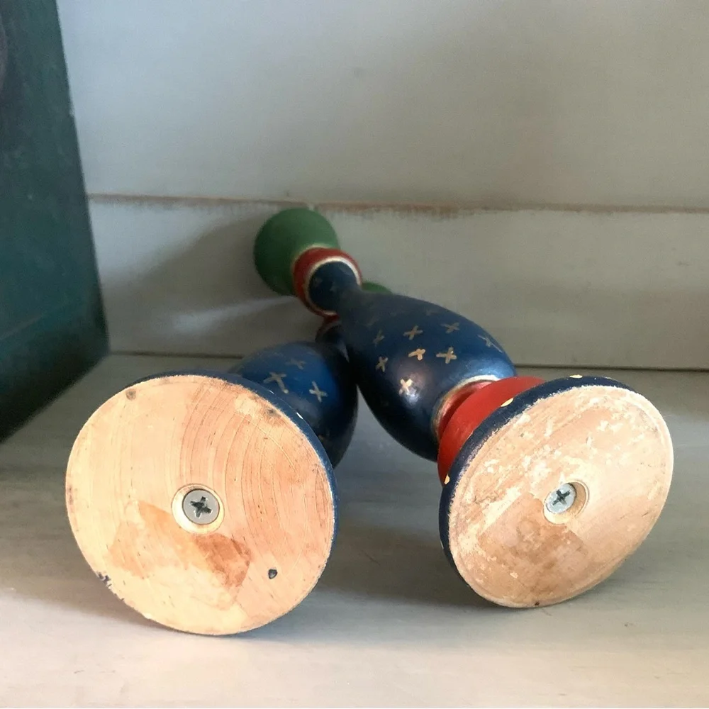 Vintage Hand painted wooden Folk Art Candle Sticks 9” Red Blue Gold Cottagecore
